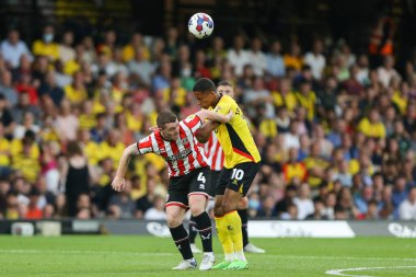 John Fleck #4 of Sheffield United and Joao Pedro #10 of Watford tussle for a header 