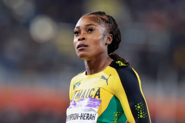 Elaine Thompson-Herah of Jamaica after winning  the womens 100m final  