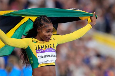 Elaine Thompson-Herah of Jamaica after winning  the womens 100m final  