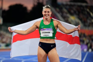 Kate OConnor of Northern Ireland celebrates winning the Silver medal in the Womens Heptathlon 