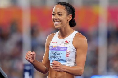 Katerina Johnson-Thompson celebrates her gold medal in the Heptathlon