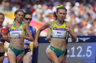 Linden Hall of Australia leads on the second lap of the heat of the Womens 1500m  