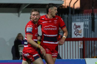 Ethan Ryan #23 of Hull KR looks towards the referee after scoring hs try