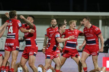 Frankie Halton #27 of Hull KR celebrates his try 