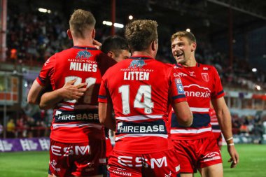 Rowan Milnes #21 of Hull KR celebrates his try which made it 16-20