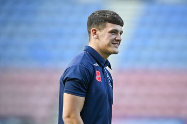 Connor Wrench #23 of Warrington Wolves arrives at the DW Stadium, Home of Wigan Warriors