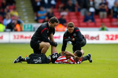 Iliman Ndiaye #29 of Sheffield United receives treatment 
