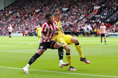 Oliver McBurnie #9 of Sheffield United and Murray Wallace #3 of Millwall