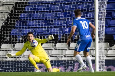 Lee Nicholls #21 of Huddersfield Town stops the shot from Lukas Jutkiewicz #10 of Birmingham City during the second half 