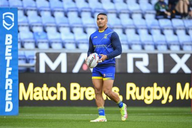 Peter Matautia #3 of Warrington Wolves during pre match warm up 