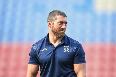 Kyle Amor #32 of Warrington Wolves arrives at the DW Stadium, Home of Wigan Warriors