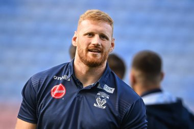 Joe Bullock #15 of Warrington Wolves arrives at the DW Stadium, Home of Wigan Warriors