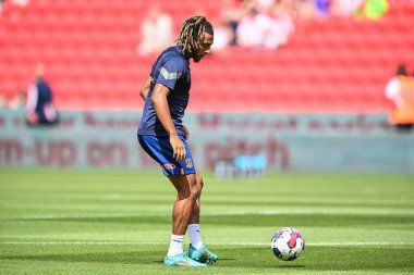 Dominic Thompson #23 of Blackpool during the pre-game warmup