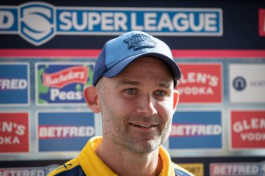 Rohan Smith Head Coach of Leeds Rhinos is all smiles after the game as he interviewed by the media 