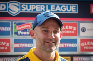 Rohan Smith Head Coach of Leeds Rhinos is all smiles after the game as he interviewed by the media 