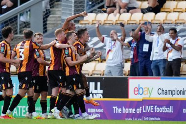 Andy Cook #9 of Bradford City  celebrates in front of the Bantams fan after putting his side 2-1 up late in the first half