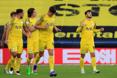 Troy Parrott #15 of Preston North End celebrates scoring to make it 0-1
