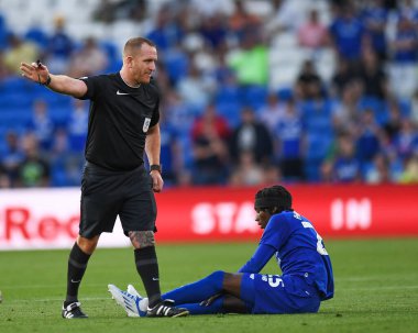 referee , Lee Swabey, awards a free kick following a foul on Jaden Philogene-Bidace #25 of Cardiff City  