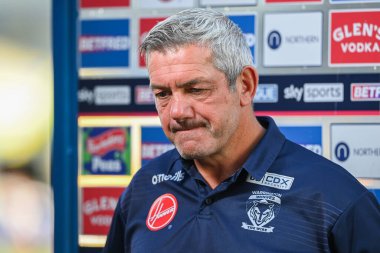 Daryl Powell Head Coach of Warrington Wolves during the pre match interview