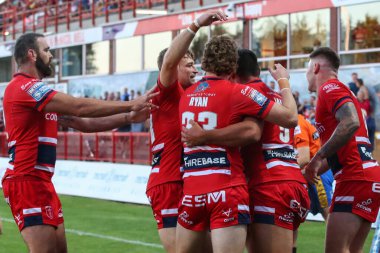 Ryan Hall #5 of Hull KR celebrates his try 