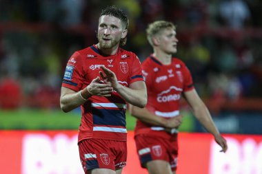 Ethan Ryan #23 of Hull KR applauds the Hull KR fans
