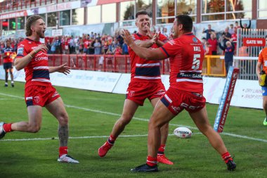 Ryan Hall #5 of Hull KR celebrates his try 