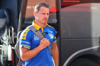 Brad Dwyer #14 of Leeds Rhinos arrives at Sewell Group Craven Park ahead of this evening fixture