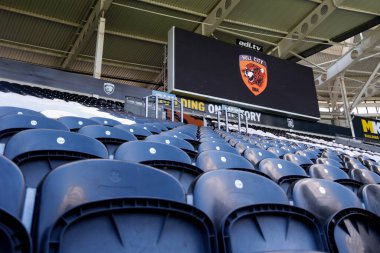 Hull City crest is shown on a big LED screen inside MKM stadium, home stadium of Hull City