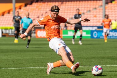 Josh Bowler #11 of Blackpool shoots on goal but its saved by Andy Fisher #1 of Swansea City