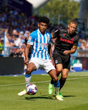 Kaine Kesler-Hayden #15 of Huddersfield Town shields the ball from Dwight Gayle #11 of Stoke City 