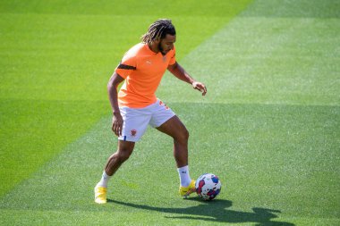 Dominic Thompson #23 of Blackpool during the pre-game warmup