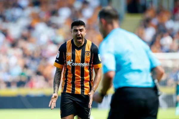 Ozan Tufan #7 of Hull City protests to referee James Linnington                                                                                                                                                                                           