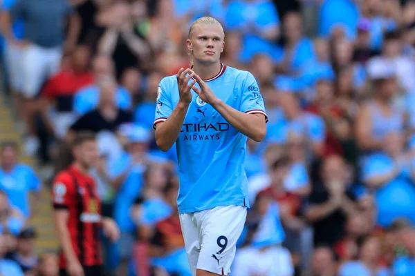 Erling Haaland #9 of Manchester City applauds the fans as he is substituted in the 74th minute