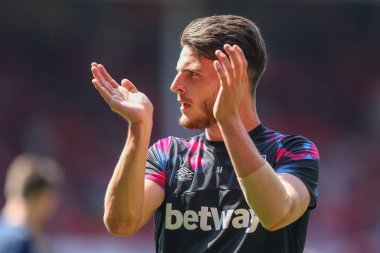 Declan Rice #41 of West Ham United applauds the travelling fans during the warm up