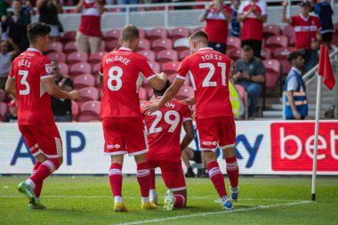 Chuba Akpom #29 of Middlesbrough celebrates his goal and makes the score 1-1 during the first half 
