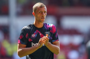Tom Souek #28 of West Ham United applauds the travelling fans during the warm up  