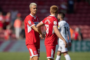 New signing and USA international Matthew Hoppe shakes hands with Duncan Watmore #18 of Middlesbrough after the game 