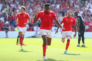 Taiwo Awoniyi #9 of Nottingham Forest celebrates his goal to make it 1-0