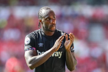Michail Antonio #9 of West Ham United applauds the travelling fans as he is substituted off 