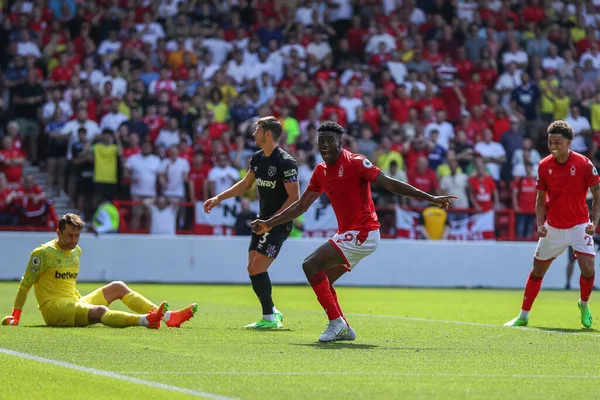 Taiwo Awoniyi #9 of Nottingham Forest celebrates his goal to make it 1-0