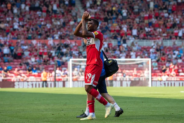 Chuba Akpom #29 of Middlesbrough claps his hands and applauds the supporters as he is substituted late in the second half 