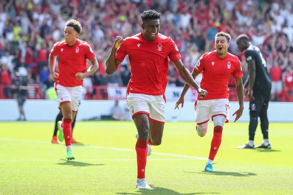 Taiwo Awoniyi #9 of Nottingham Forest celebrates his goal to make it 1-0