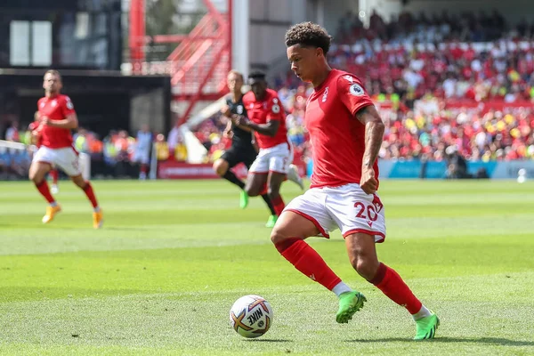 Brennan Johnson #20 of Nottingham Forest runs with the ball