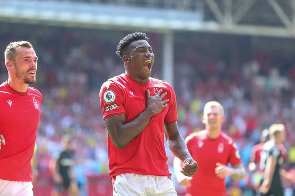 Taiwo Awoniyi #9 of Nottingham Forest celebrates his goal to make it 1-0
