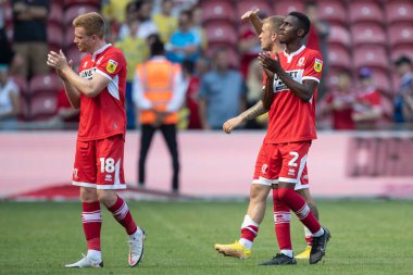 Isaiah Jones #2 of Middlesbrough claps his hands and applauds the supporters at full-time 