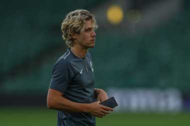 Todd Cantwell #14 of Norwich City arrives at the game prior to kick off