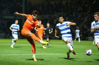Theo Corbeanu #25 of Blackpool shoots at goal 