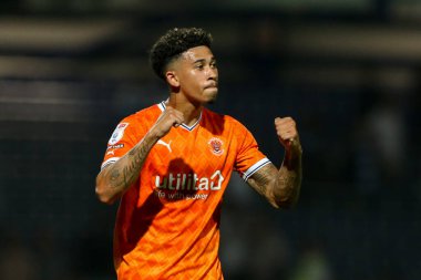 Jordan Lawrence-Gabriel #4 of Blackpool celebrates the win at the final whistle 