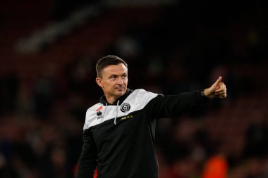 Paul Heckingbottom manager of Sheffield United applauds fans after the game