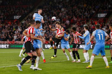 Sander Berge #8 of Sheffield United attempts a header at goal